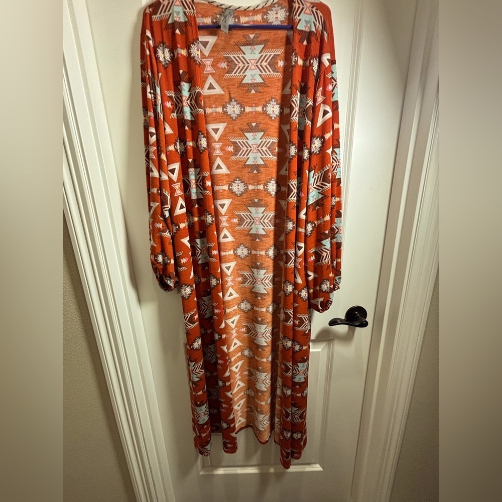 Honeyme Curvy Women’s size XL cardigan open front orange Aztec designs‎